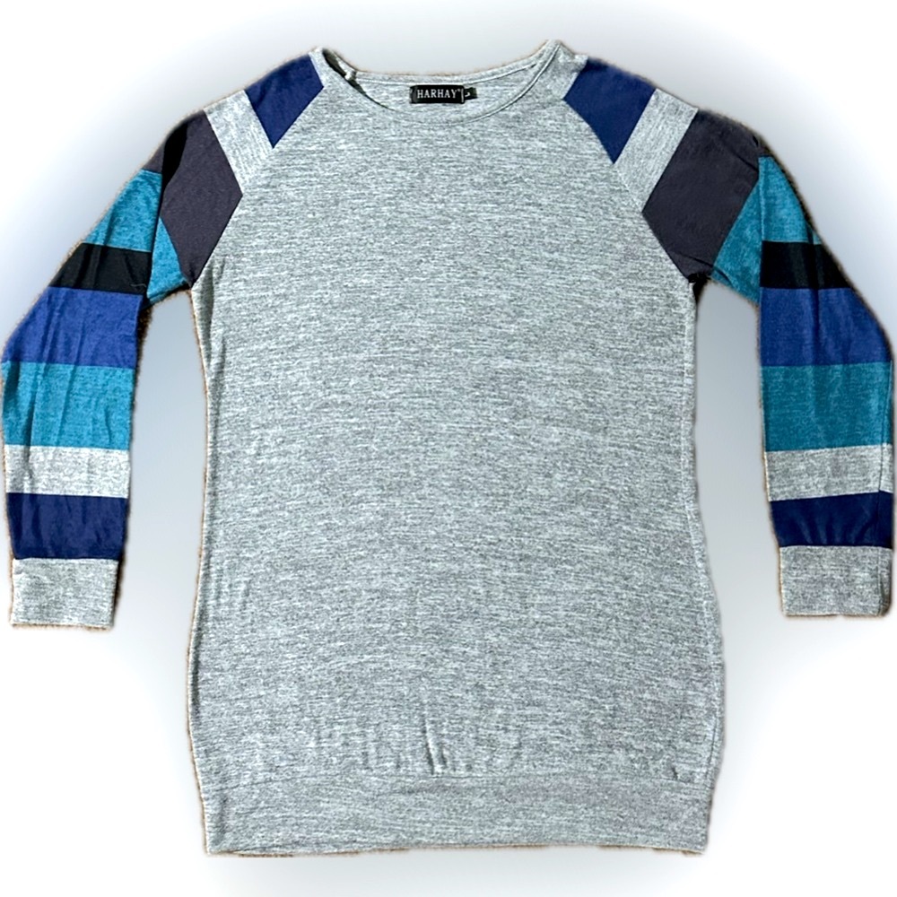 HARHAY RAGLAN STRIPE SLEEVE BOAT NECK TUNIC GRAY BLUE COTTON SPANDEX LONG TSHIRT